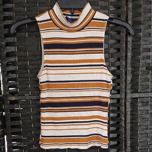 Aeropostale Ribbed Mock Neck Striped Tank Cream Mustard Navy Y2K Womans SZ S
